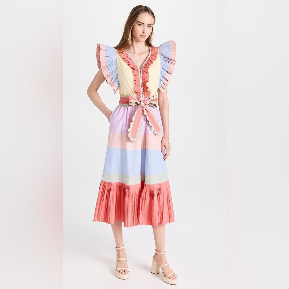 Celia B Marcellene Ruffled Pleated Scalloped Embroidered Midi Dress *Flaw Large - Picture 2 of 16